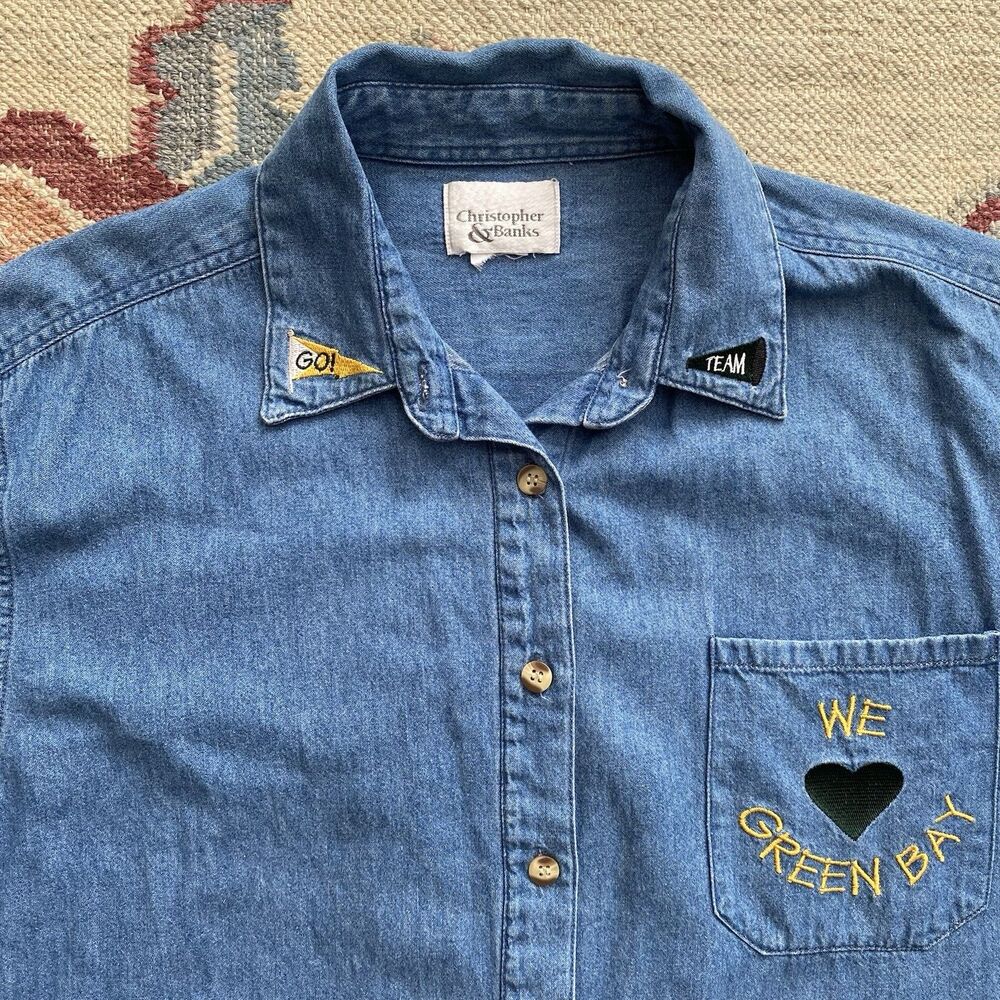 Vintage Green Bay Denim Shirt Y2K XL Baggy Blue Football Love Cottage 2000